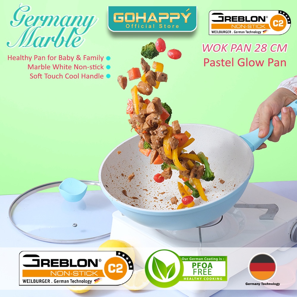 WOK PAN TOSCA Germany Marble Gohappy 28cm wajan penggorengan Glow pan kuat GHG77 panci + tutup kaca