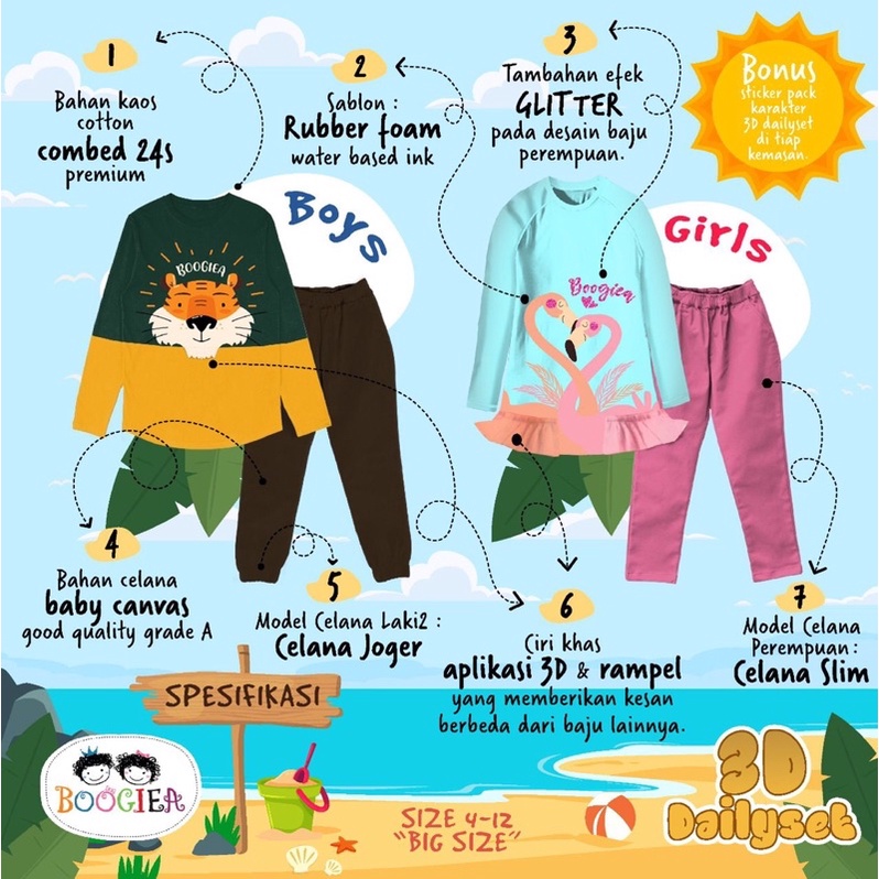 Boogiea 3D Dailyset series setelan boogieakids 3D daily set anak usia 4-12 Tahun