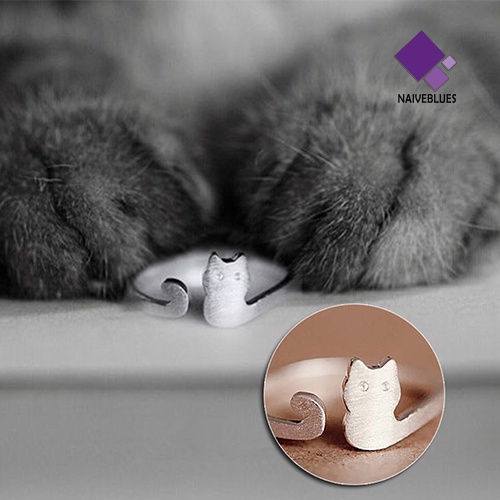 Cincin Model Terbuka Adjustable Desain Kucing Lapis Silver Untuk Wanita