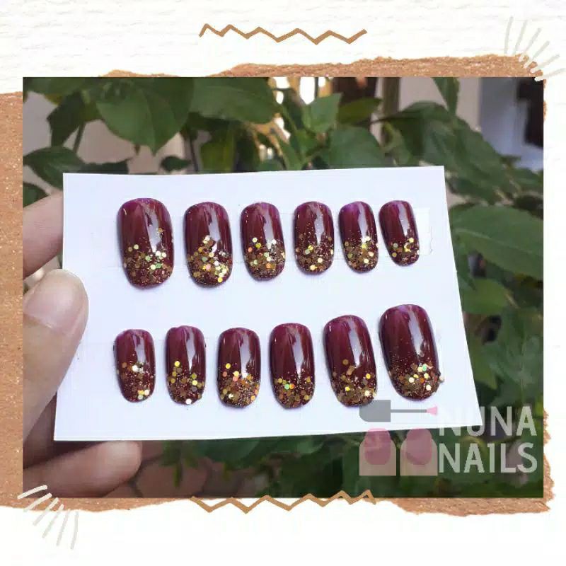 Kuku palsu maroon glitter +perekat lem kupal nail art wedding pengantin murah