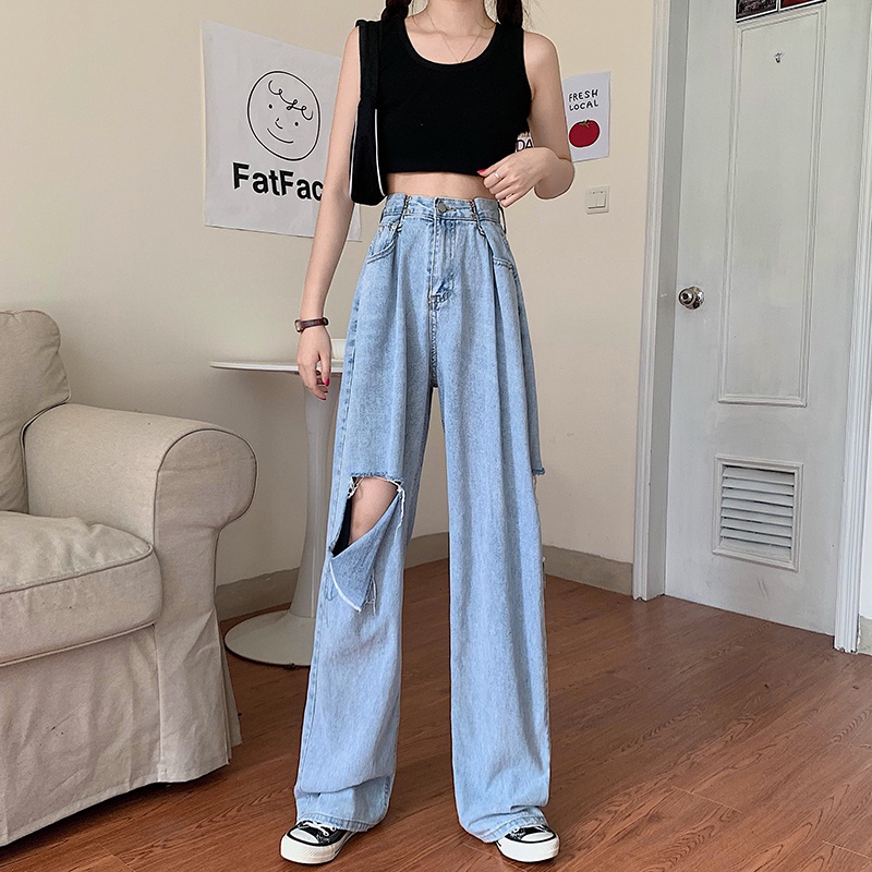 Ripped celana jeans high waist wanita kulot Korea style loose kasual celana lebar pants