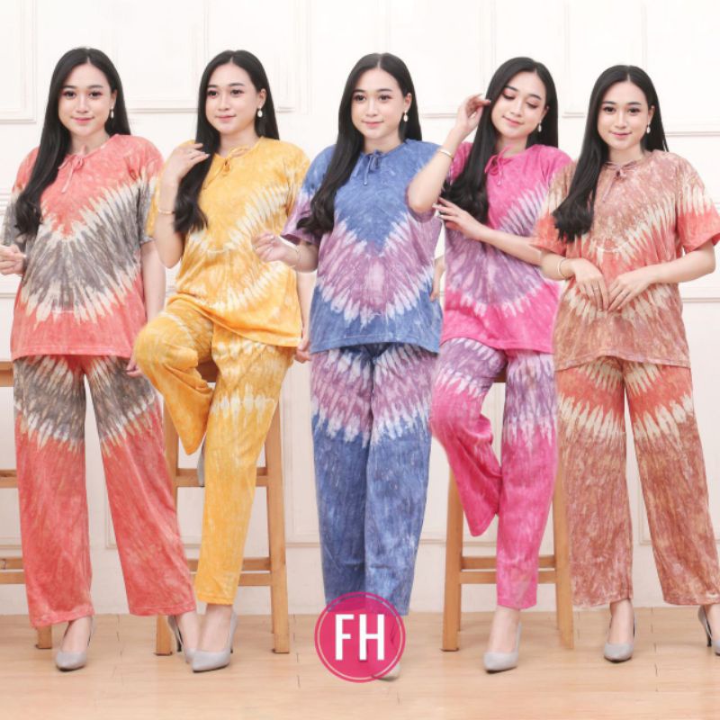 Setelan Piyama Kaos Perempuan Dewasa Motif Jumputan Tiedye One Set Wanita Kekinian Baju Tidur Termurah