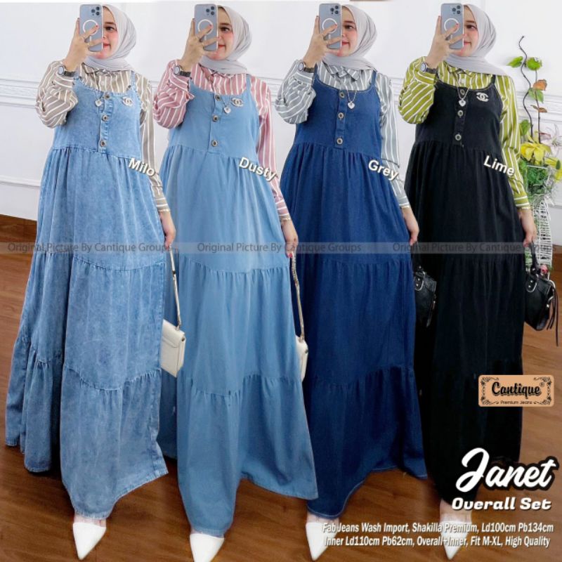 (BISA COD) JANET OVERALL SET ORY CANTIQUE BAHAN SHAKILA PREMIUM MIX JEANS WASH IMPORT