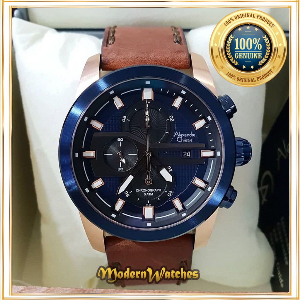 Jam Tangan Pria Alexandre Christie Terbaru AC 6562 Biru Rosegold Brown Tali Kulit Coklat Leather Ori