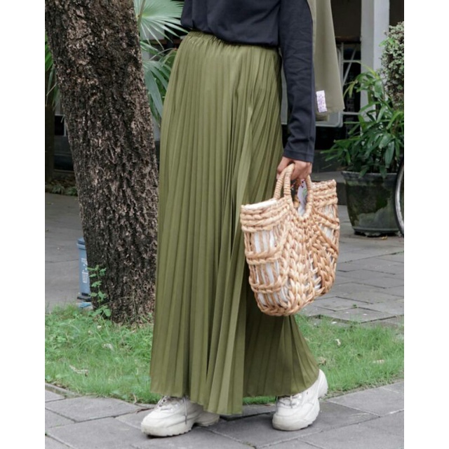 Pleated Skirt - OOTD Rok Plisket Panjang WARNA HIJAU OLIVE / ARMY MUDA Super Premium HQ Tebal Halus 