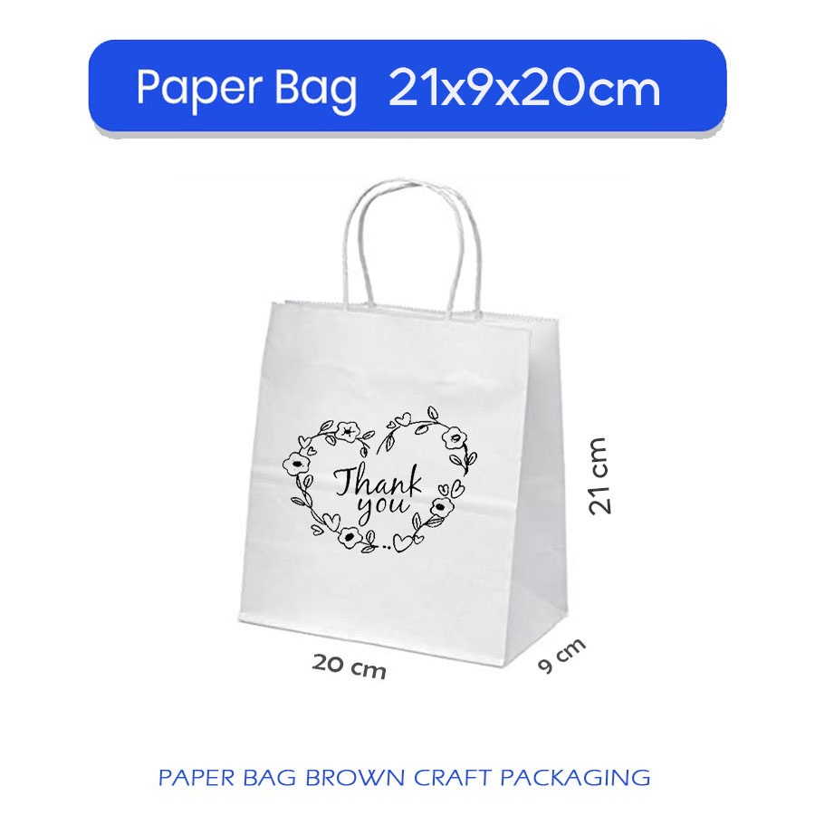 

(+CUSTOM) Paper Bag putih +Tulisan Thank You 21x9x20cm Papper Bag Kertas Kado Souvenir Packing Olshop Hampers