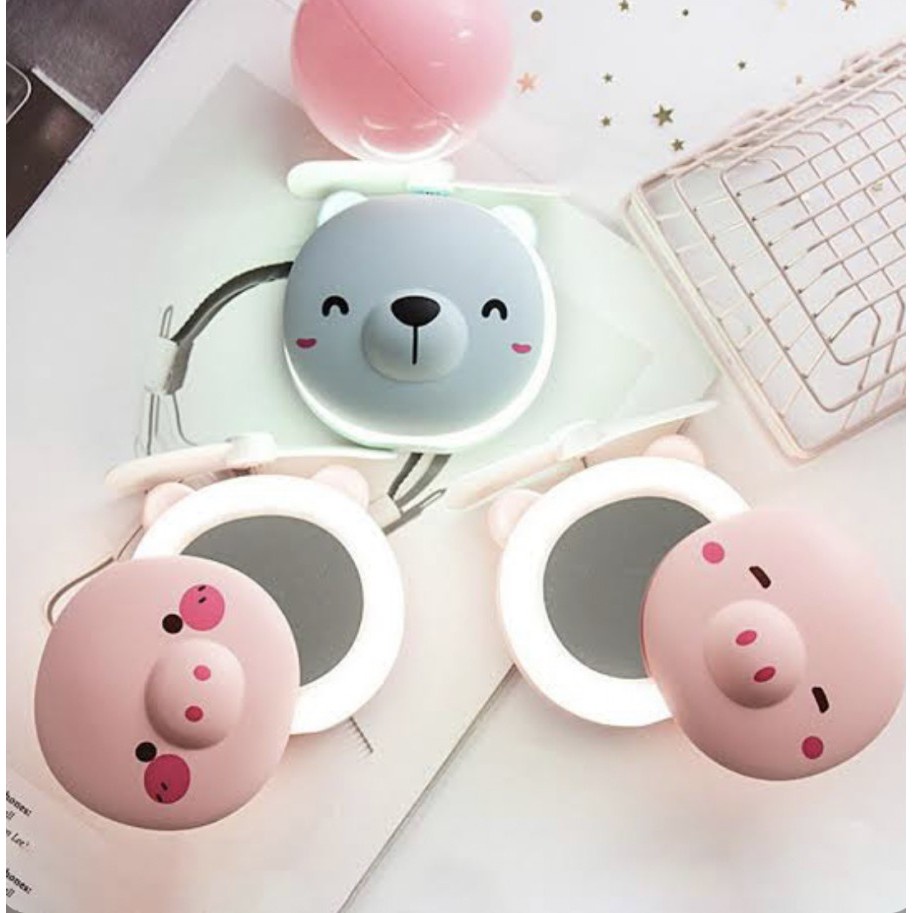 [COD] MIAO Kipas Angin Mini Portable 3in1 Cermin Rias Mini + Kipas + Lampu USB dengan Karakter Lucu l Biru &amp; Pink