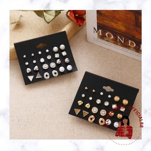 ✿AYN✿  12 Pasang Anting Set Pasangan FA29 Pearl Crystal Stud Triangle Bar Stud earrings set