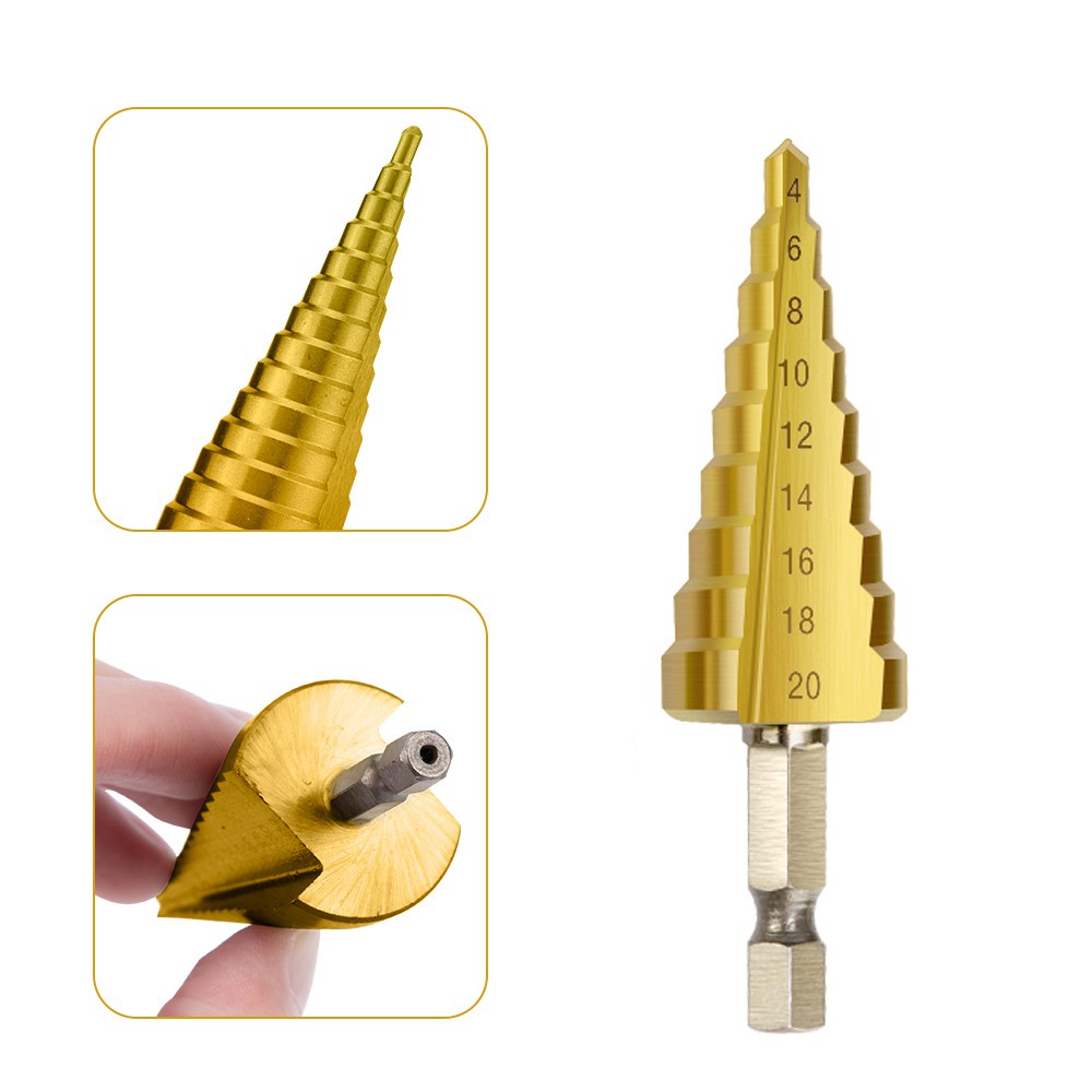 3PC Drill Bit HSS Titanium Coated Hex Shank Step Drill bit set cone hole cutter ，Bits  Taper metric 3-12mm 4-12mm 4-20mm