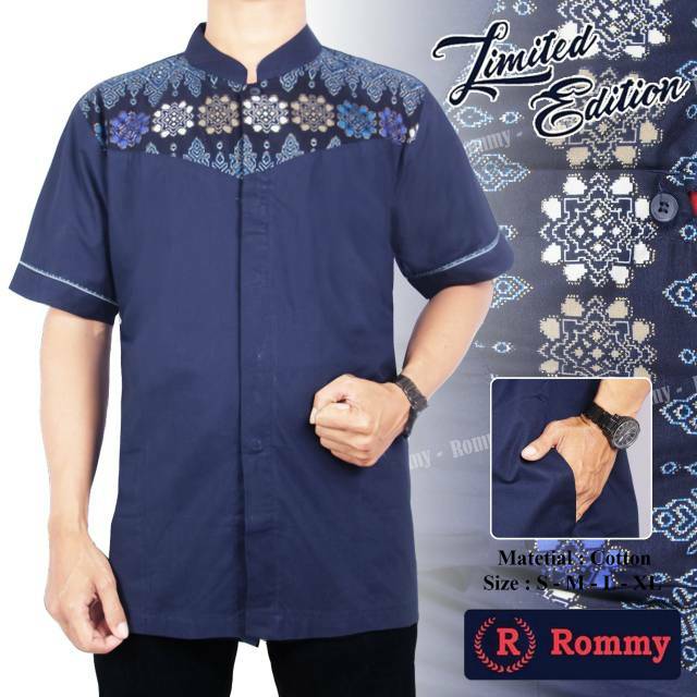  Baju  Koko  Muslim Pria eXe Biru  Dongker  Kombinasi Batik 