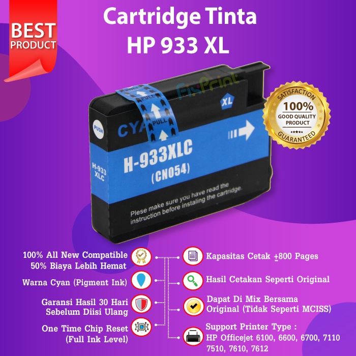 Cartridge Original HP 932XL 933XL 933 XL Cyan CN054AA Tinta Printer HP Office jet 6100 6600 6700 7110 7510 7610 7612