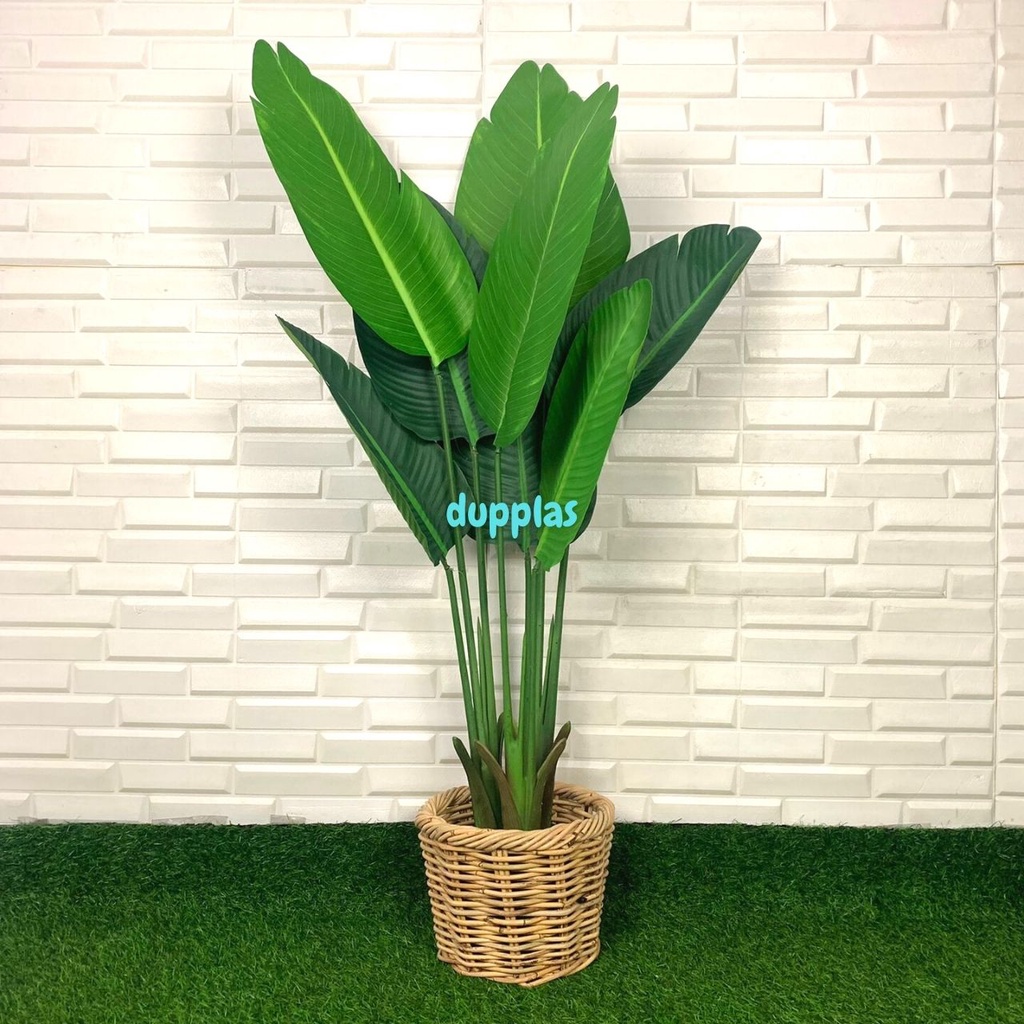 Pohon Daun Pisang T115 Latex Artificial Cover Pot Keranjang Rotan Bulat Tanaman Hias Plastik Dekoras