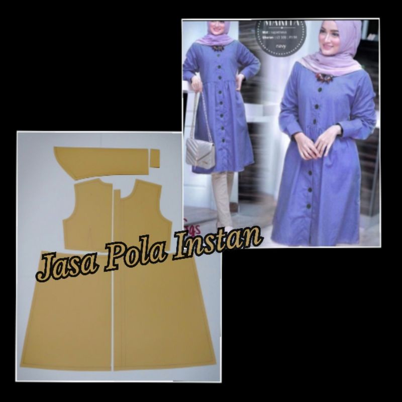 pola tunik kancing depan