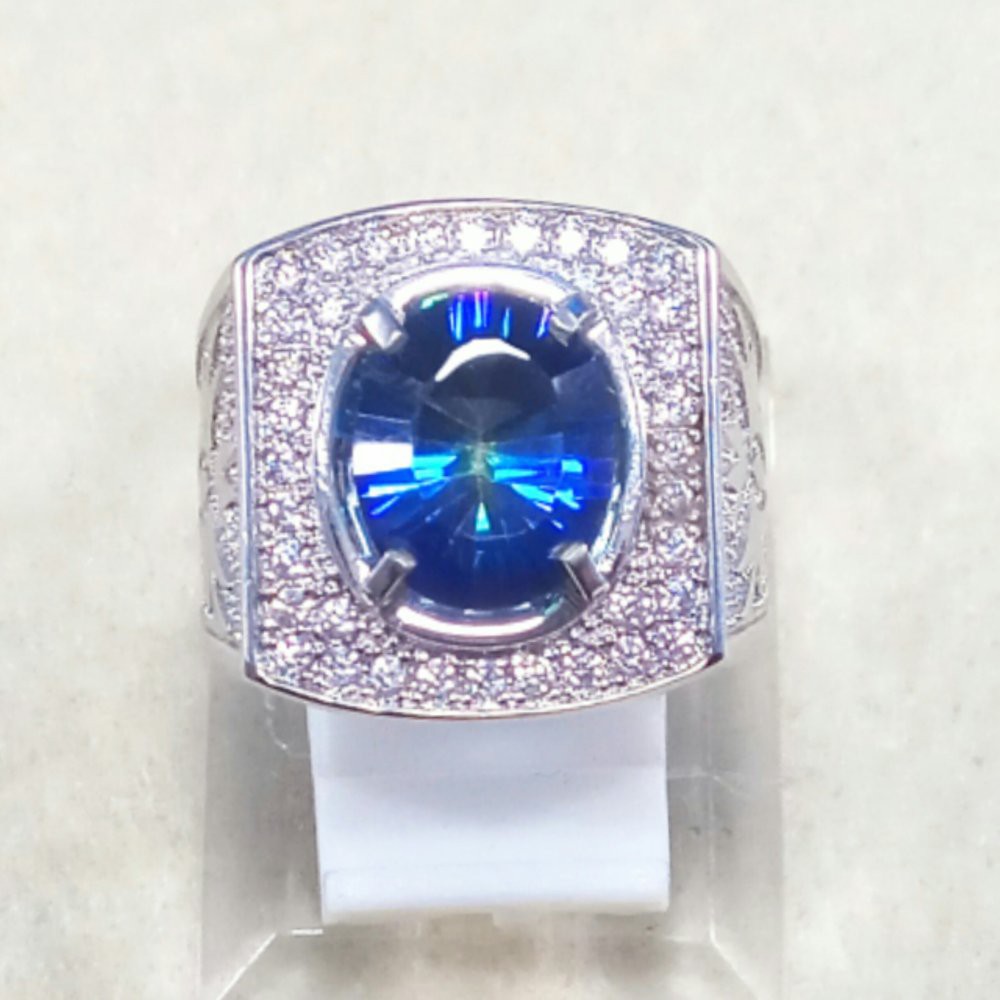 CINCIN BATU AKIK PERMATA NATURAL BLUE MYSTIC RAINBOW QUARTZ RING ALPAKA SIZE KANTORAN