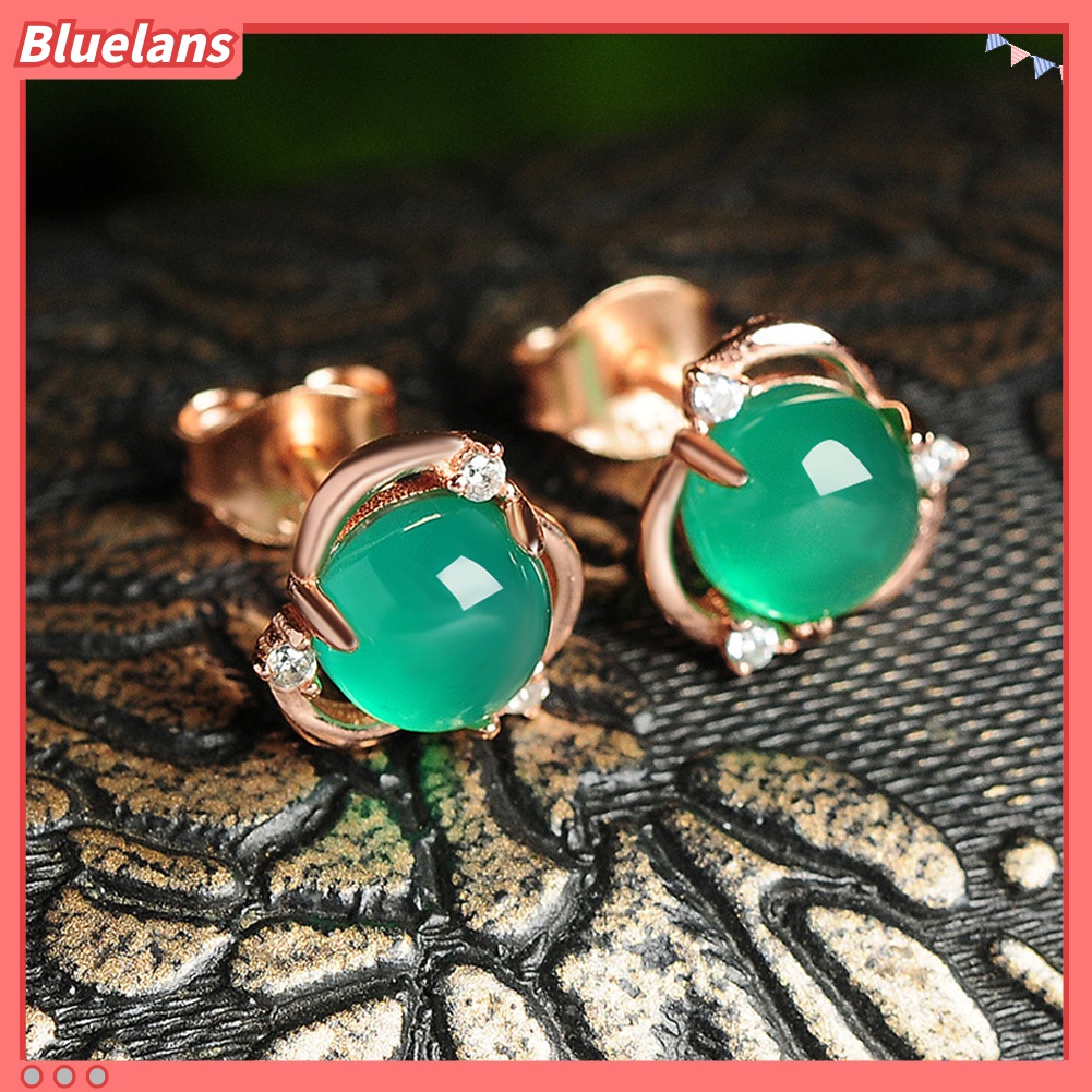 Anting Stud Desain Bunga Giok Tiruan Lapis Perak Untuk Wanita