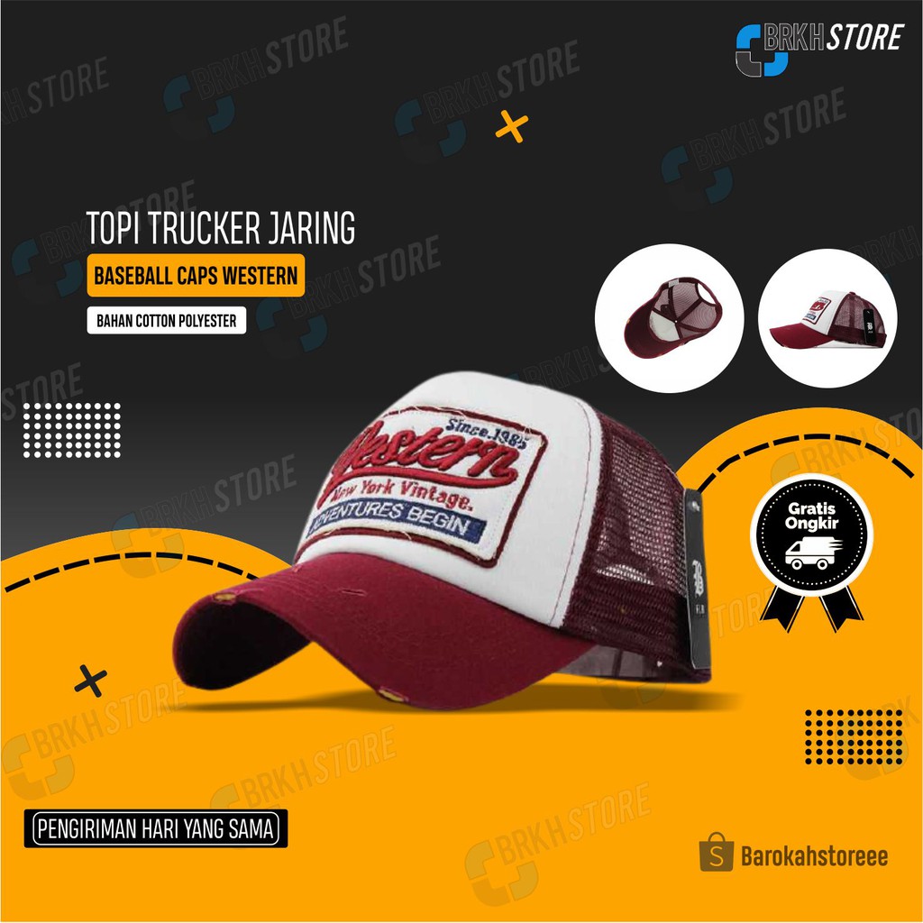 Topi Trucker Jaring Baseball Cap Snapback Mesh FLB Model Western NewYork F207 - Merah dan Hitam