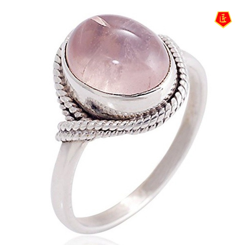 [Ready Stock]Inlaid Ross Quartz Pink Crystal Ring Women's Retro Silver