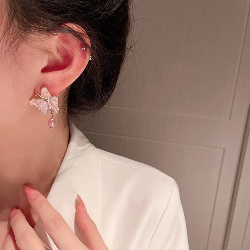 Anting Gantung Panjang Model Kupu-Kupu Dengan Mutiara Warna Pink Elegan Untuk Wanita