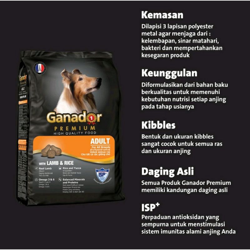 Ganador Premiun Adult With Lamb &amp; Rice Dog Food / Makanan Anjing Kering 400gr Freshpack