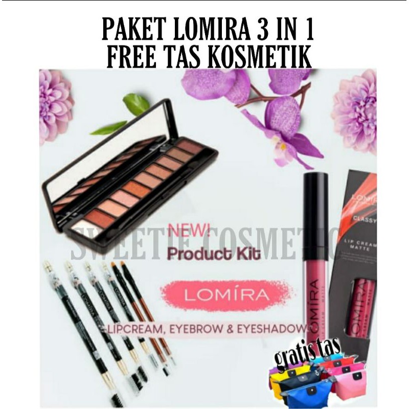 PAKET LOMIRA 3IN1 FREE TAS KOSMETIK [ EYESHADOW, PENSIL ALIS, LIPCREAM, tas kosmetik]