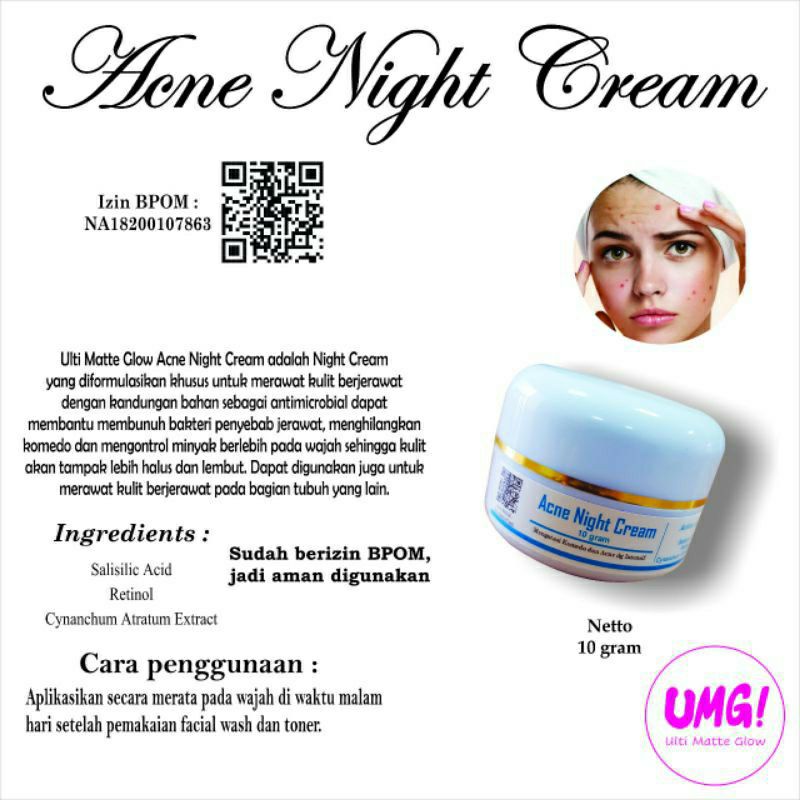 Krim Malam Acne 10gr BPOM UMG Acne Night Cream untuk jerawat