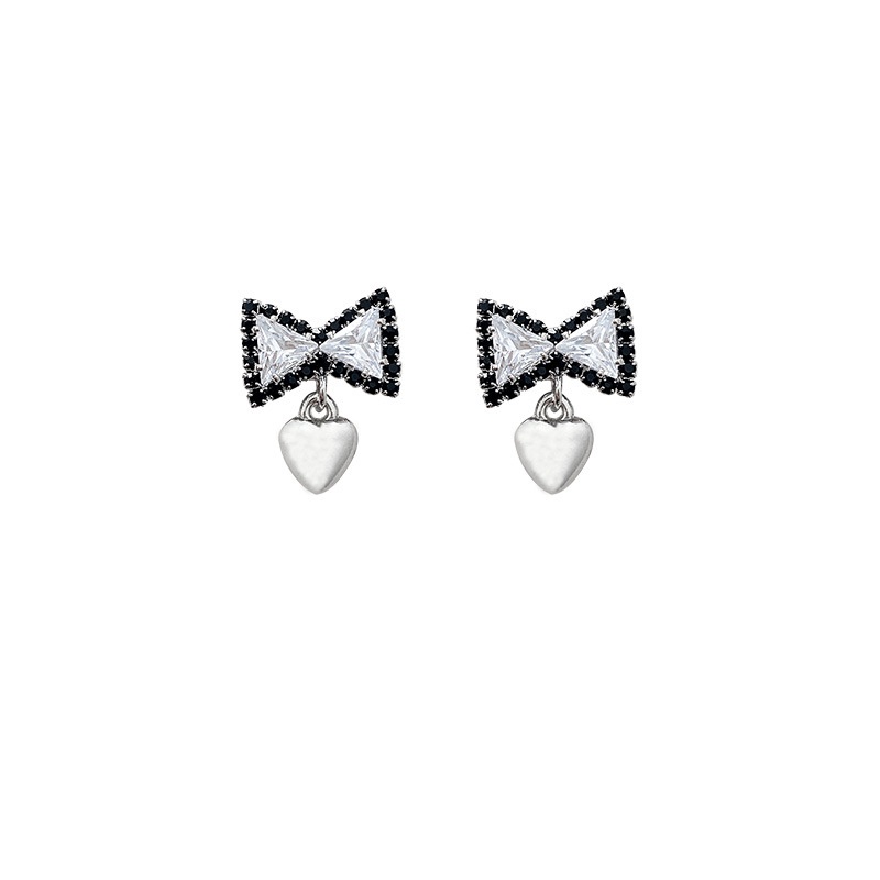 Anting Tusuk Sterling silver 925 Desain Hati Hias Zircon Hitam Untuk Wanita