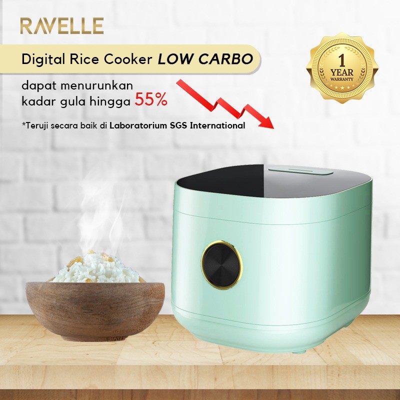 Ravelle Smart Digital Rice Cooker Low Carbo Low Sugar 3L - Ocean Green