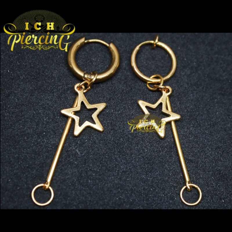 anting Hoop batang bintang ring gold / anting titanium warna gold / anting tindik dan jepit warna gold / ICH PIERCING