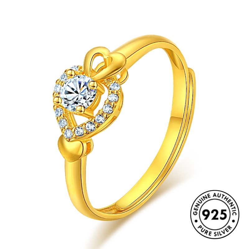 Cincin Bentuk Hati Aksen Berlian Bahan S925 Silver Gold Plated