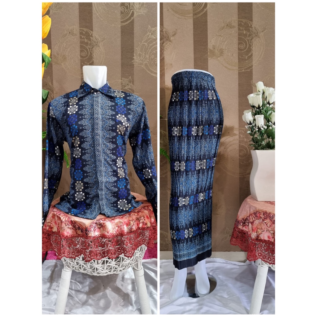 Kemeja Couple Rok Plisket Lengan Panjang | Sale Kemeja Premium | Kemeja Semi Sutra | Couple Rok Plisket dan Kemeja HEM Batik dan Rok Plisket Batik Maxi JUMBO