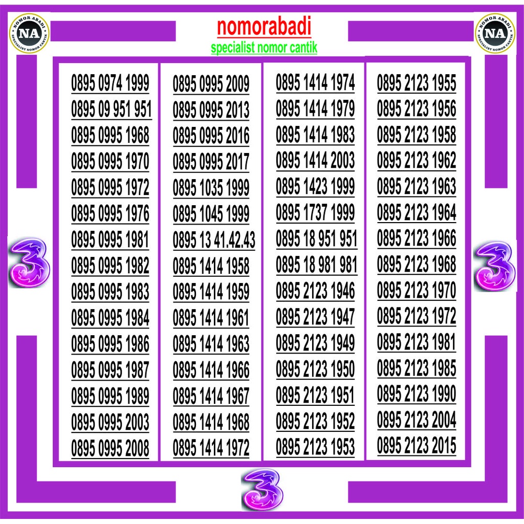 nomor cantik tri tahun h150