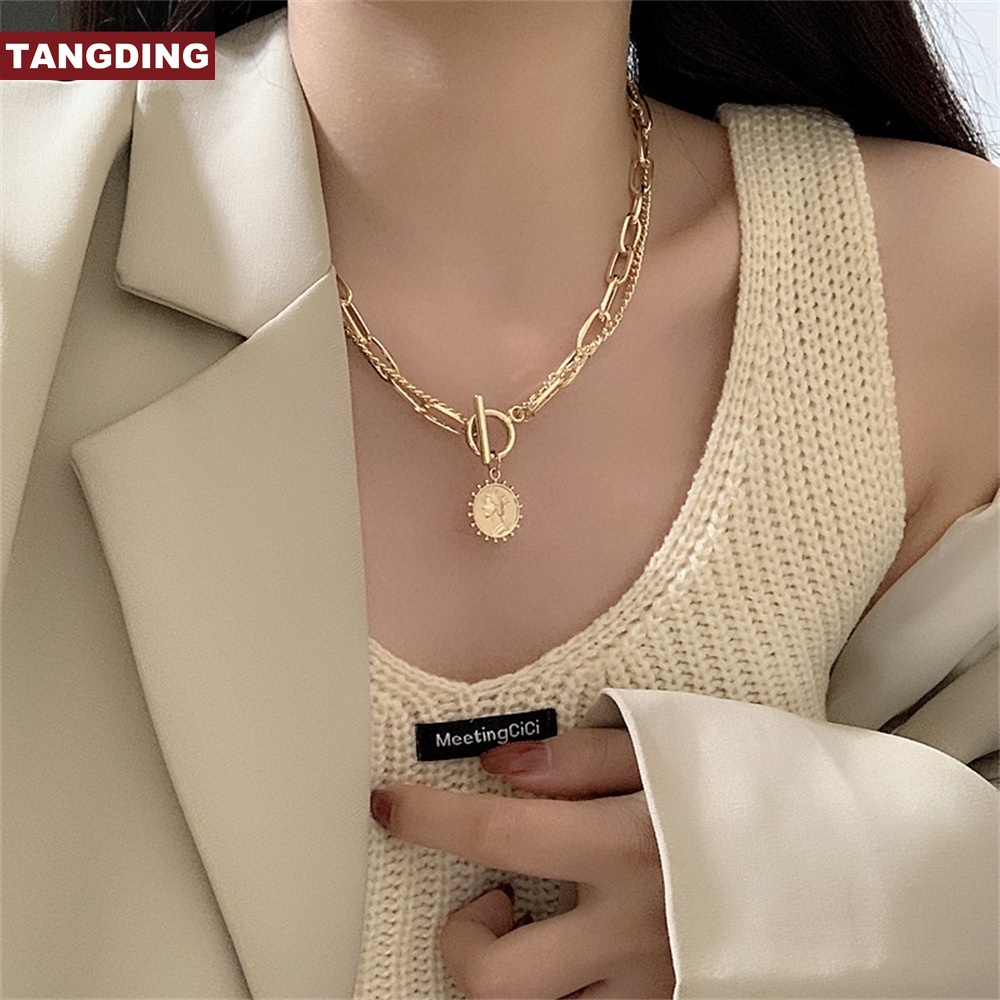 【COD Tangding】Temperament Double Simple Neck Chain New Personality Beautiful Head TO Buckle Clavicle Lady Necklace Accessories