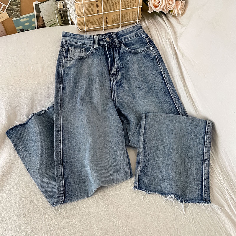 Korean Style Rawis Highwaist Lurus Loose Celana Jeans Panjang Wanita Fashionable (realpict)