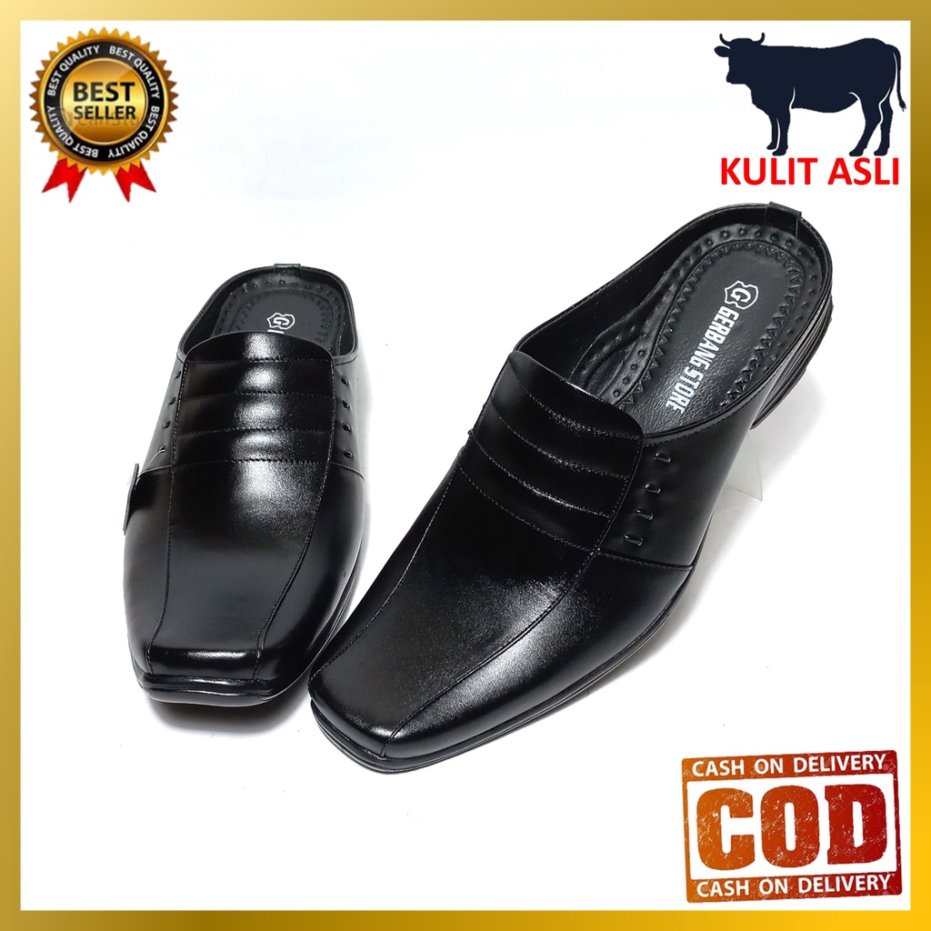 Sepatu Sandal Slop Kulit Asli Pantofel Pria Formal Resmi Kantor Pesta