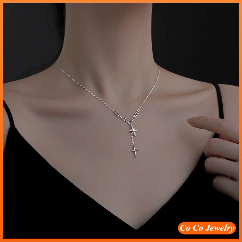 Kalung Rantai Sterling silver 925 Dengan Liontin hexagram Gaya Korea Untuk Wanita