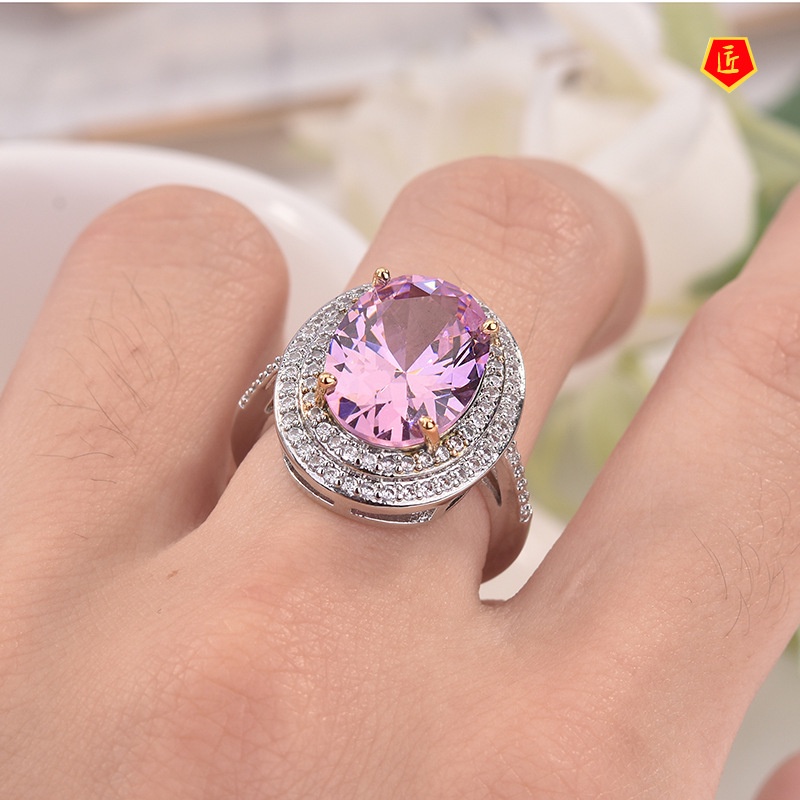 [Ready Stock]Micro-Inlaid Pink Diamond Ring Elegant Personality
