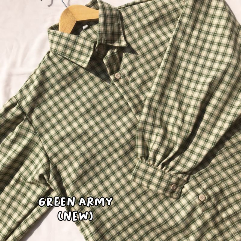 KEMEJA TARTAN CROP / OUTER CROP TERBARU / KEMEJA WANITA KEKINIAN-Hijau