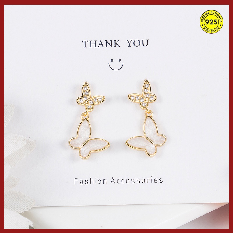 Anting Tusuk Sterling Silver 925 Desain Kupu-Kupu Hias Berlian Imitasi Untuk Wanita Butterfly