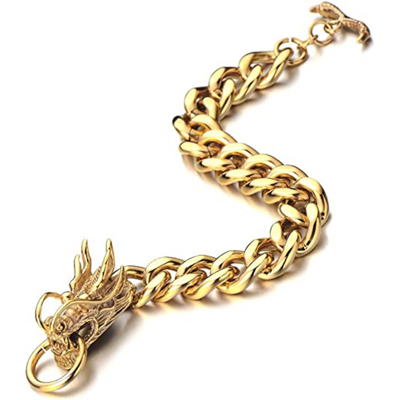 [Z H Perhiasan] Hip Hop Rock Retro Pria Fashion 18 K Stainless Steel Naga Gelang Pesta Perhiasan Aksesoris 19 Cm~21 cm