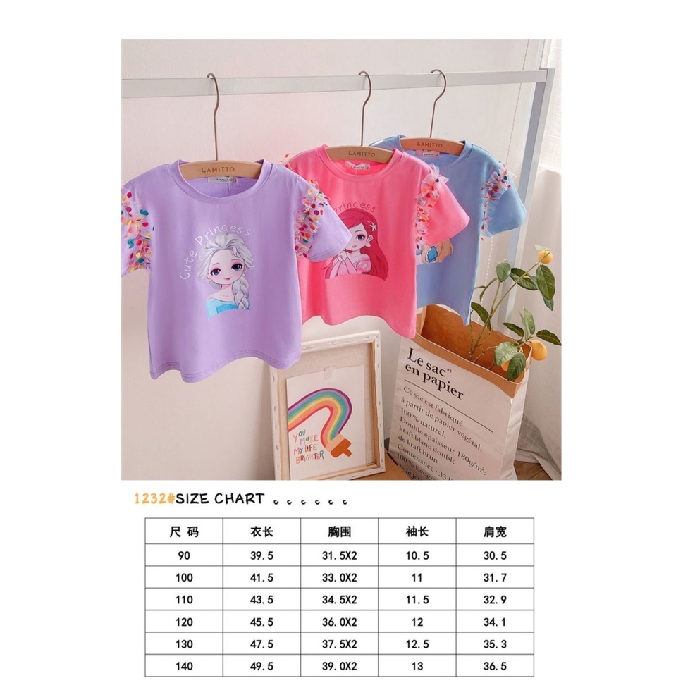 Baju Kaos Princess Anak Perempuan Impor Motif Elsa Aurora Cinderella Rainbow Sleeve