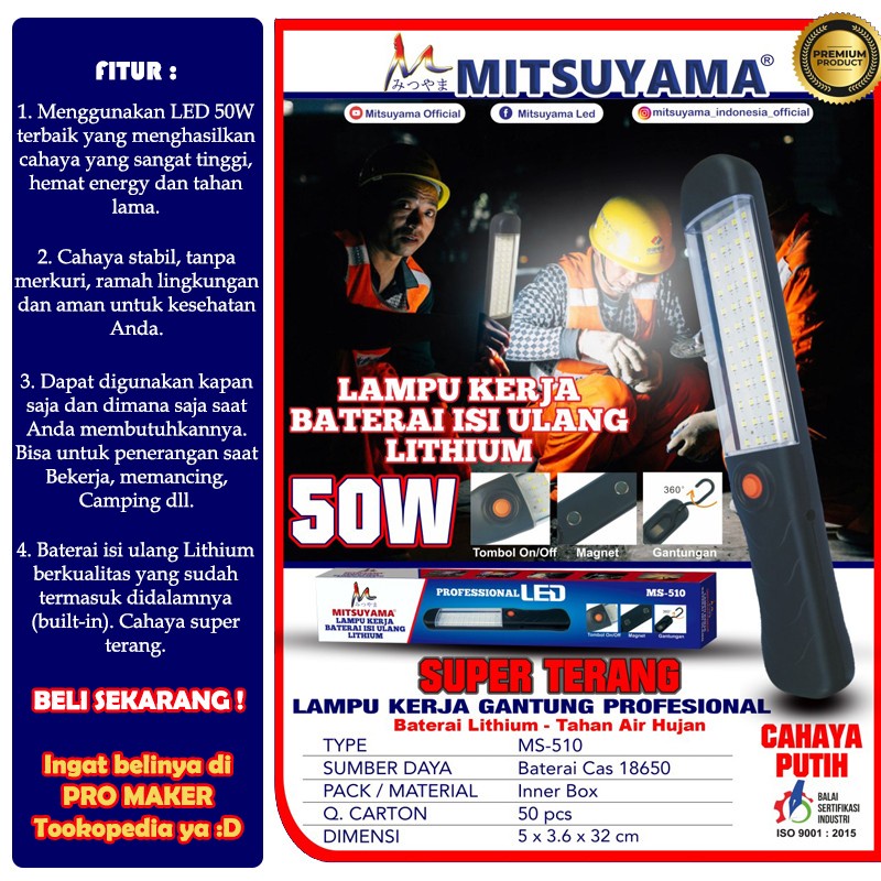 Mitsuyama Lampu Emergency LED 50 Watt Worklight USB Rechargeable Original