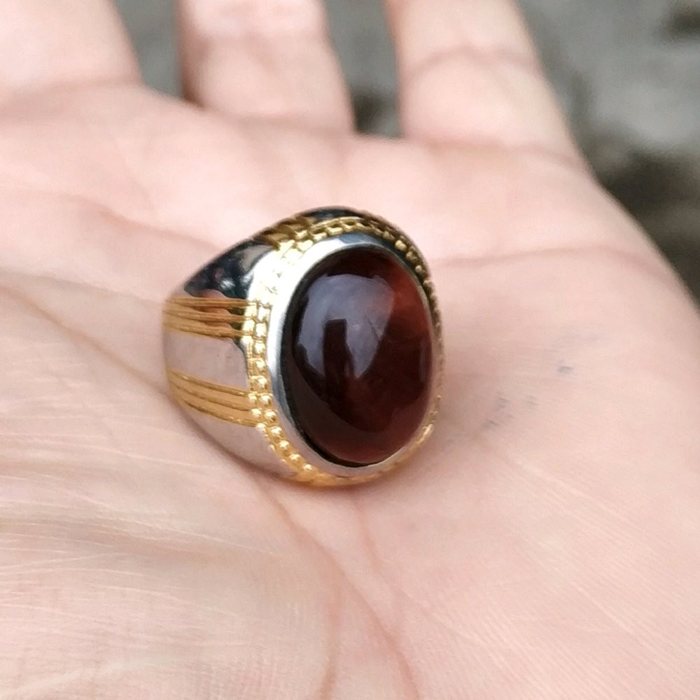 CINCIN BATU AKIK NATURAL BIDURI SEPAH COKLAT AKA BROWN TIGER EYE MINIMALIS TITANIUM