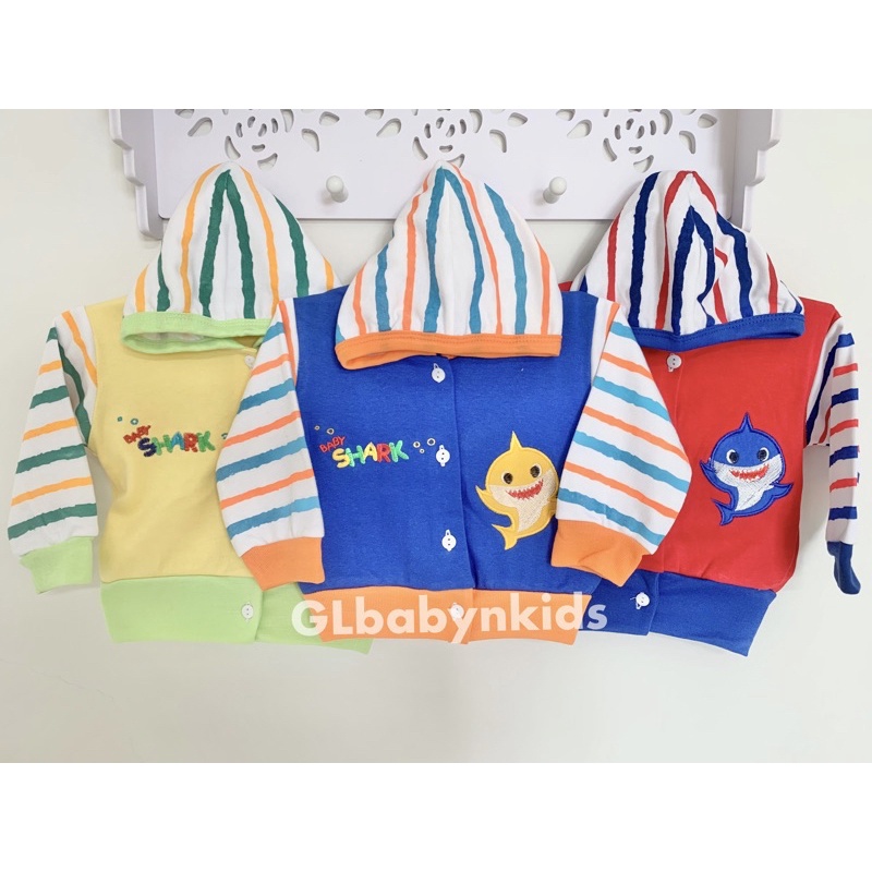 Jaket Hoodie Bayi Newborn Bordir Baby Shark Warna Katun All Size 3-6 Bulan