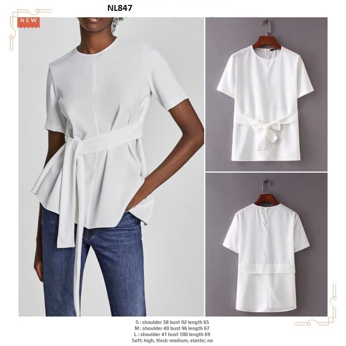 NL847- BAJU ATASAN WANITA BLOUSE IMPORT PUTIH IKAT PINGGANG