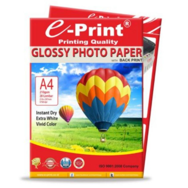 

Kertas foto E-print Glossy 210 GSM A4 isi 20 le,mbar/photo Glossy back print