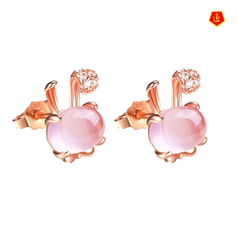 [Ready Stock]Pink Crystal Rabbit Silver Stud Earrings for Women