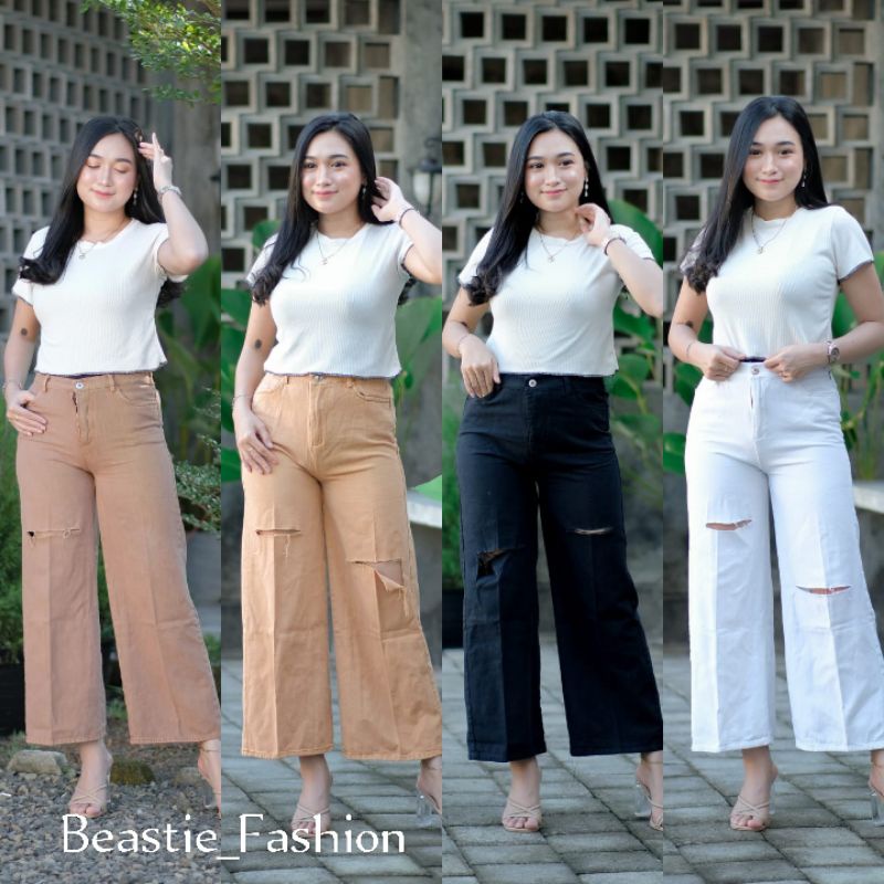 Celana Kulot Jeans Sobek-Celana Jeans Wanita-Celana Wanita Sobek-Celana Wanita Kekinian