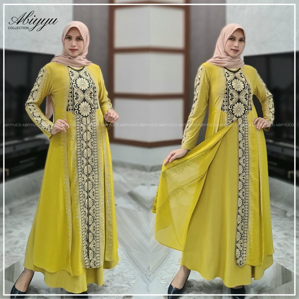 Abiyyuco GL1015 | Abaya Turkey Hitam dan Warna  Seragam Pengajian, Ready Turki Jumbo LD 125  Turky Bahan Jersey mix Ceruty dengan Bordir Renda dan Mote Swarovski,