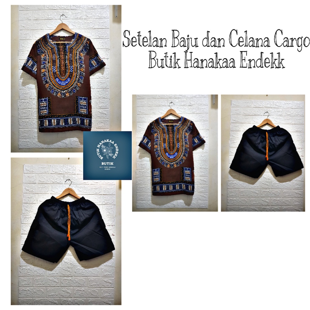 Setelan Baju dan Celana Cargo Etnik Dashiki Kotak Pria/Wanita (Unisex)