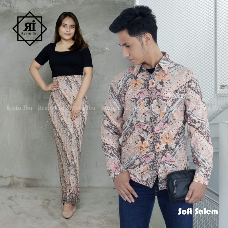 Zaja - Baju Couple Kemeja Batik &amp; Rok Batik Plisket Baju Batik Pria Dewasa Lengan Panjang Kemeja Couple Rok Batik Sutra Plisket Cantik Cocok Untuk Pergi Acara Nikahan